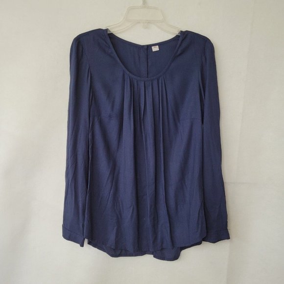 S Oliver Top Women 10 Navy Blue Button‎ Back Long Sleeve Blouse Pleated - Picture 1 of 14